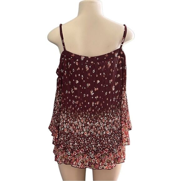 Bohemian Floral Burgundy Cold Shoulder Flutter Sleeve Blouse Size XL - Picture 7 of 8